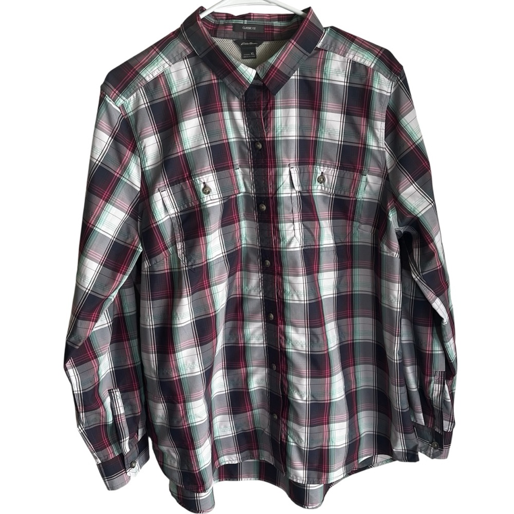 Eddie Bauer Women’s Classic Fit Plaid Button-Down Shirt Performance Size XL